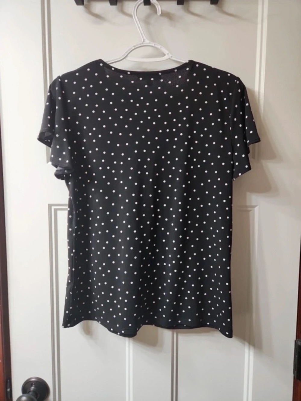 Adrianna Papell Black Polka Dot Ruffle V-Neck Blouse - Picture 5 of 5